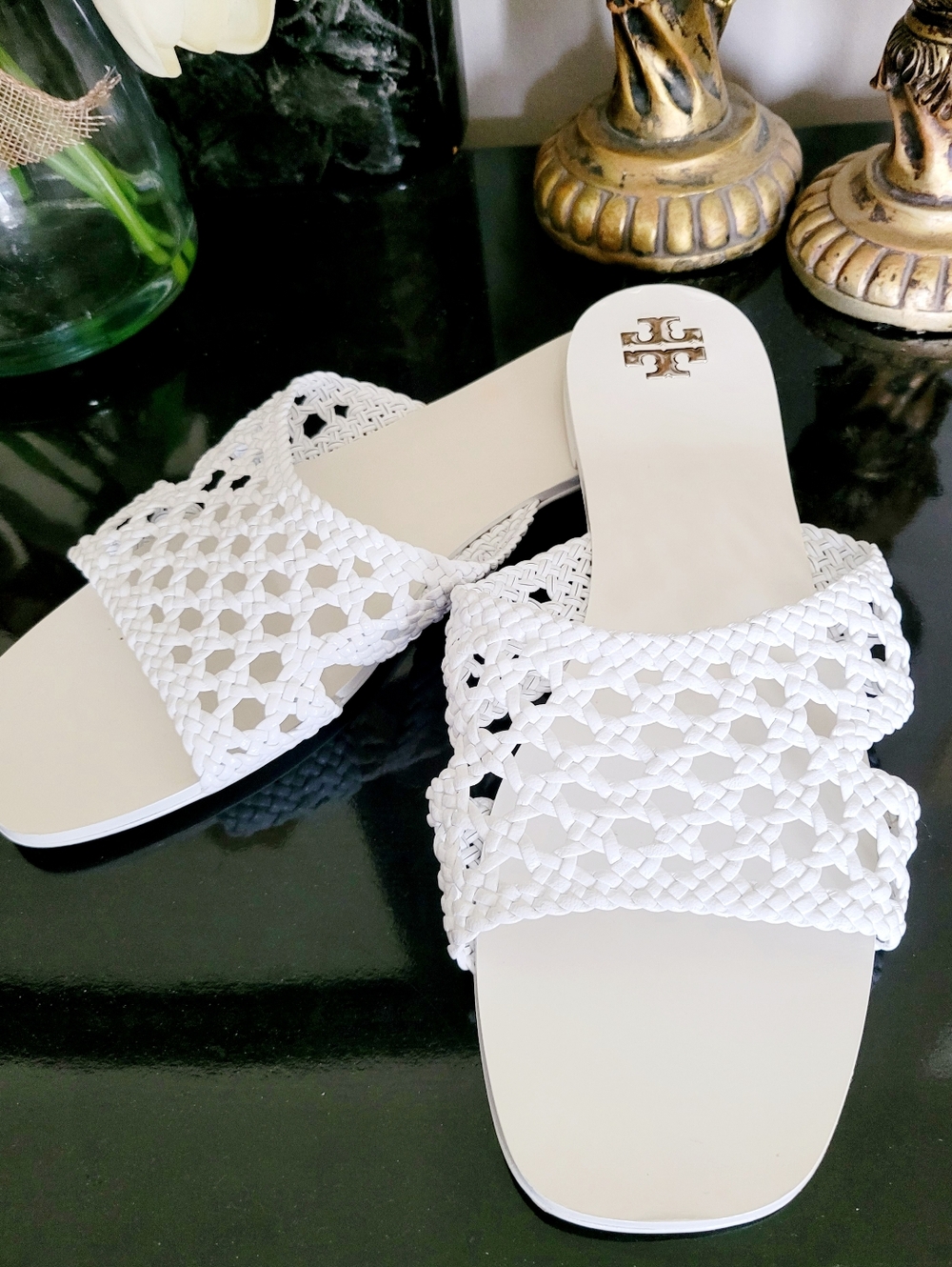 Tory Burch Goat Leather Purity White Woven Slide Mule Sandals US 9 - Picture 4 of 16